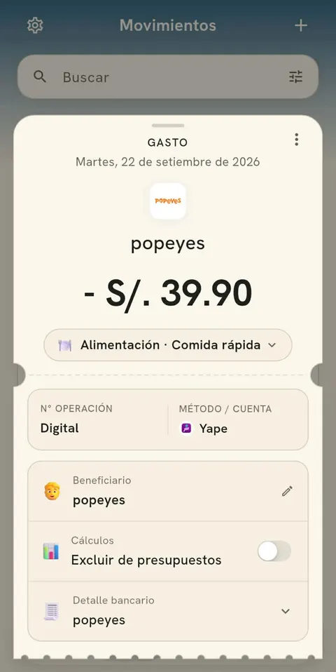 Detalle de un gasto de S/ 39.90 en Popeyes pagado con Yape
