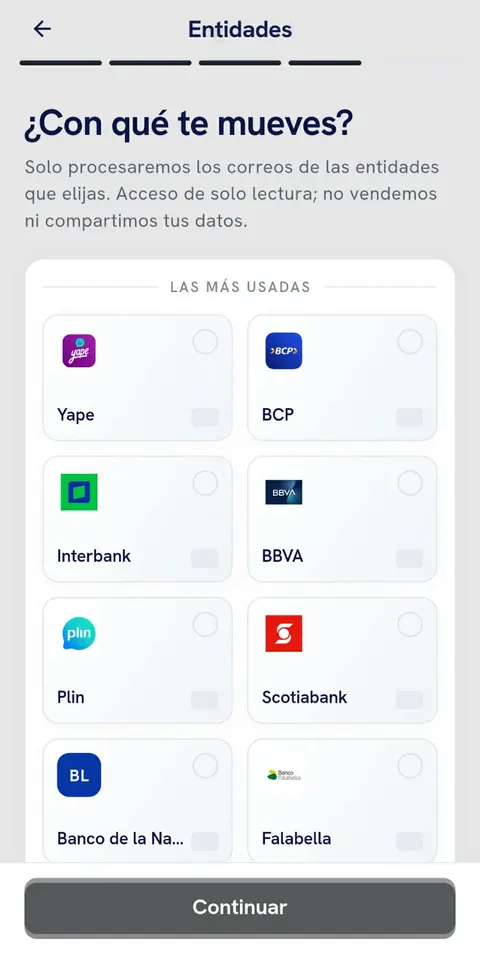 Pantalla de Quippu para elegir bancos y billeteras: Yape, BCP, Interbank, BBVA, Plin, Scotiabank