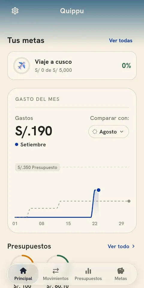 Inicio de Quippu con tu meta de viaje y el gasto del mes