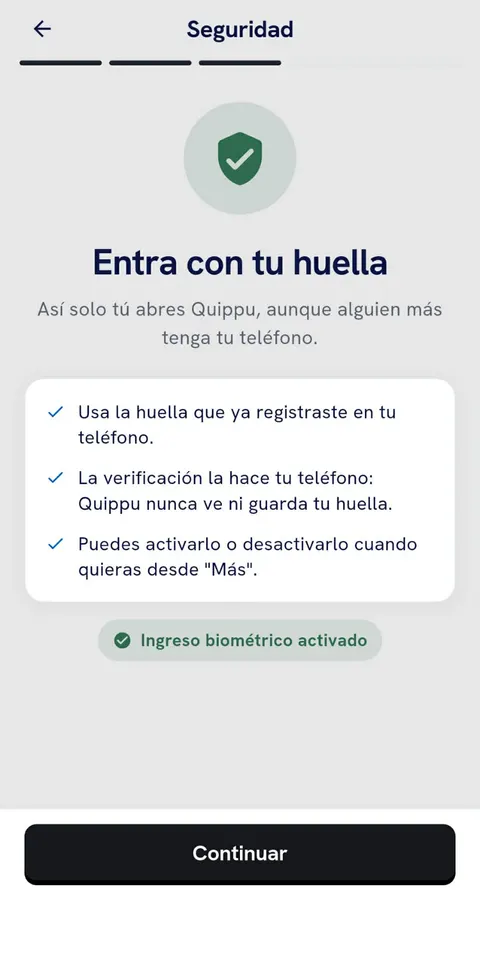 Pantalla de Quippu: entra con tu huella