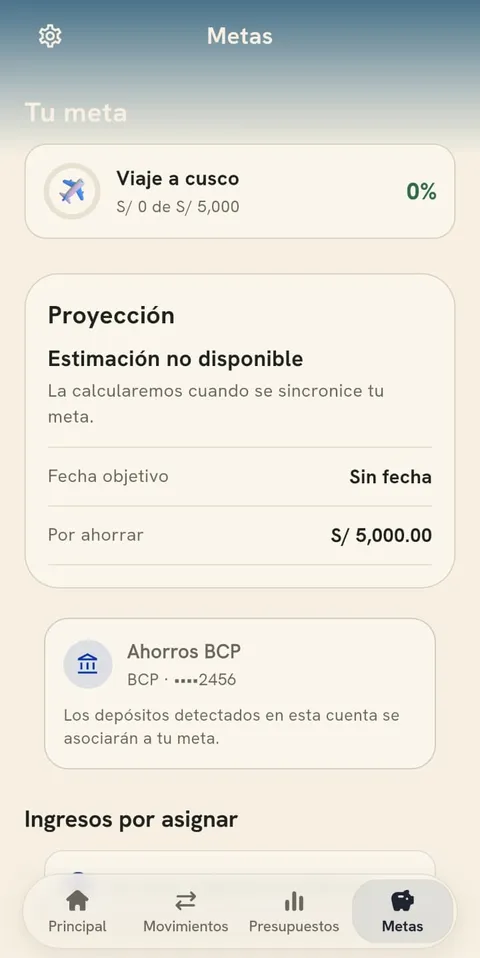 Meta Viaje a Cusco con proyección y cuenta de ahorro vinculada